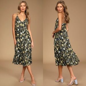 Lulus Medium Bliss Abound Black Floral Print Tiered Midi Dress Sleeveless